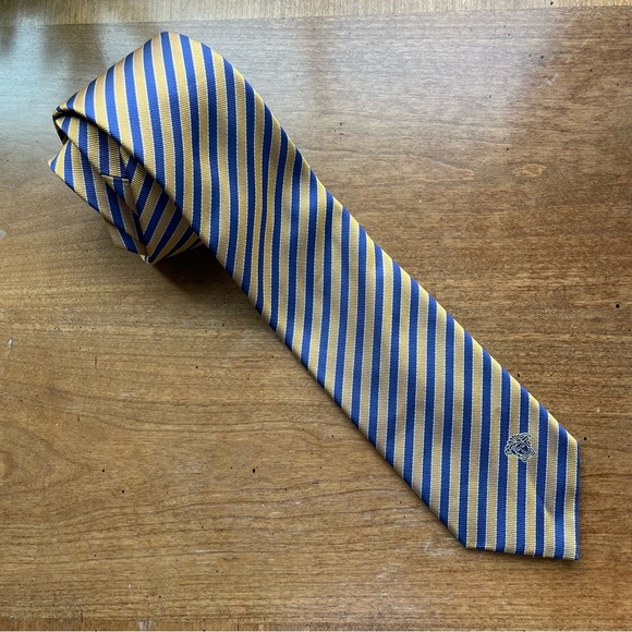 Versace Diagonal Striped Repp 100% Silk Tie in Blue and Gold with Logo 3.25 X 59 - Picture 1 of 10